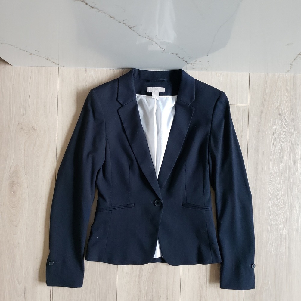 H&M Blazer Women 2 Navy Blue Single Button Office Professional Tailored Jacket